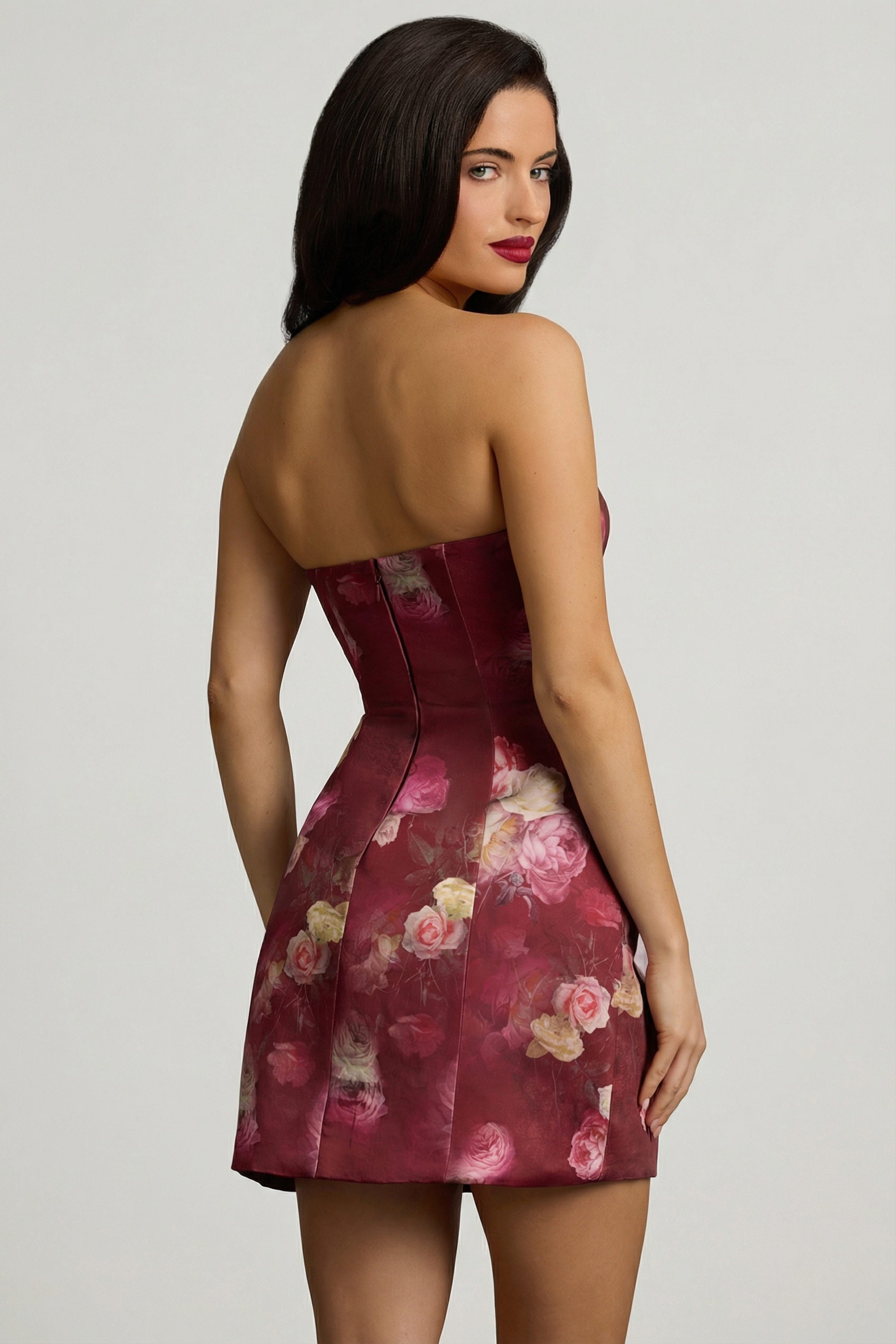 Strapless Structured Tulip Mini Dress in Maroon Floral Print