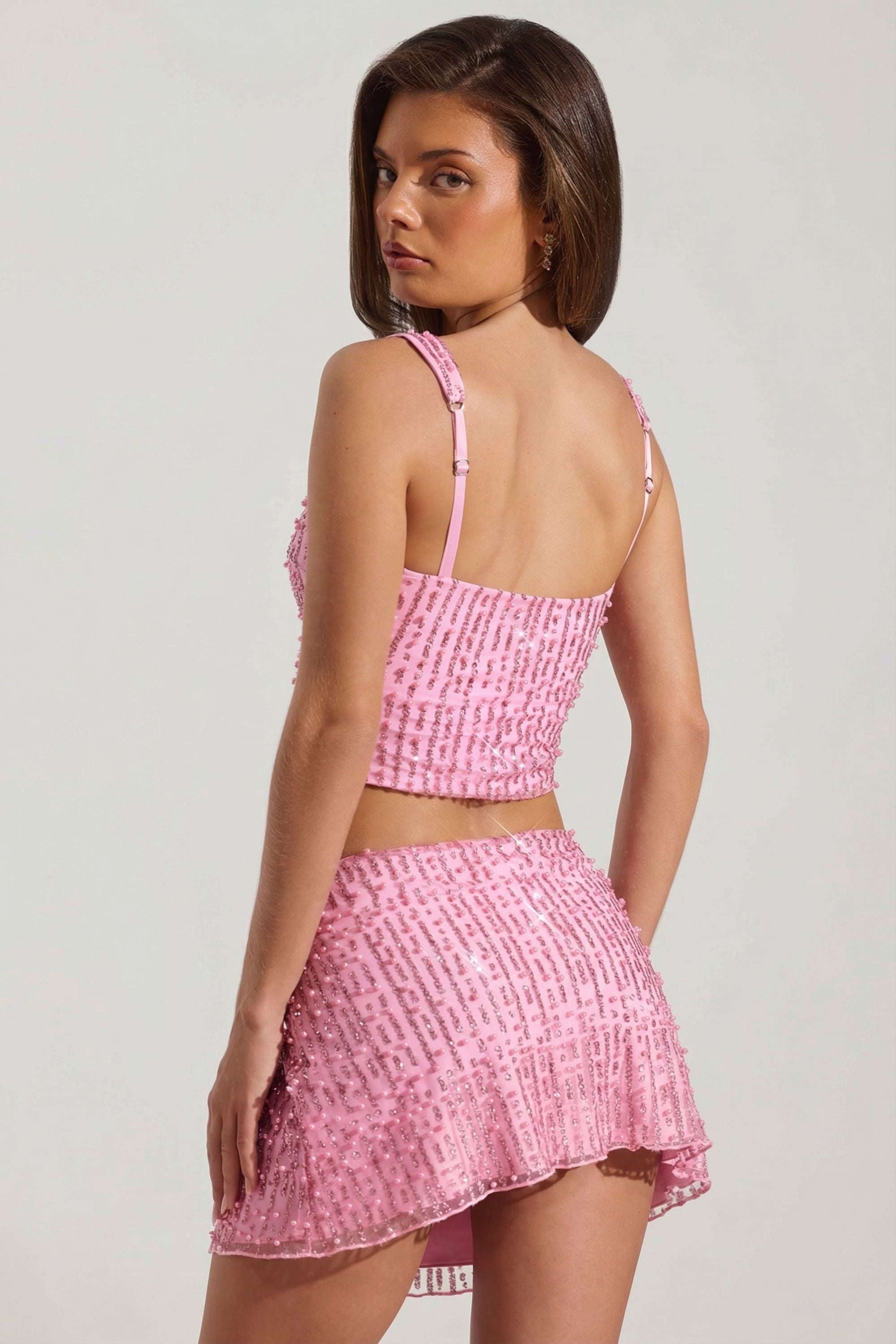 Embellished Square-Neck Crop Top in Pink