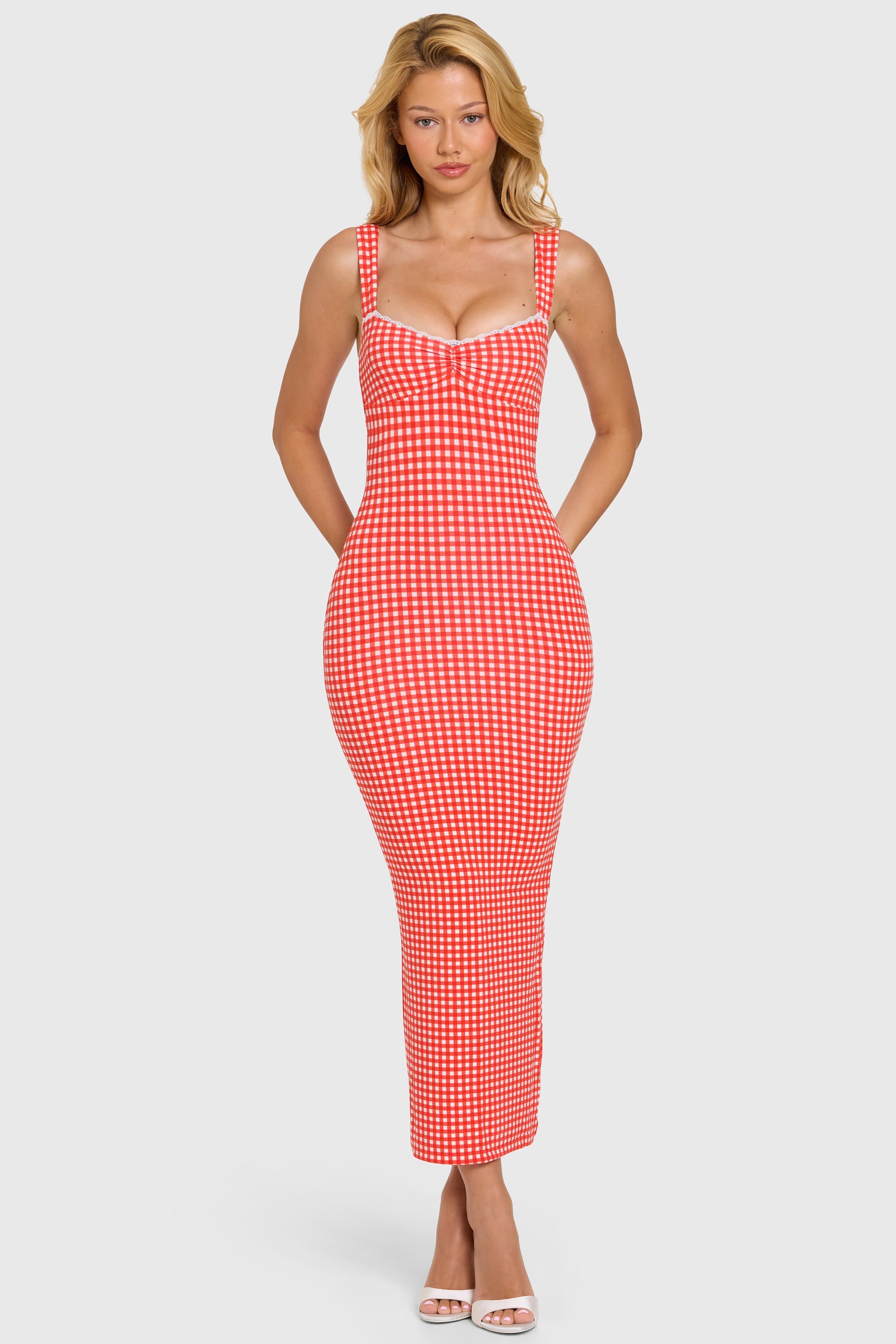 Modal Lace-Trim Midaxi Dress in Red Gingham