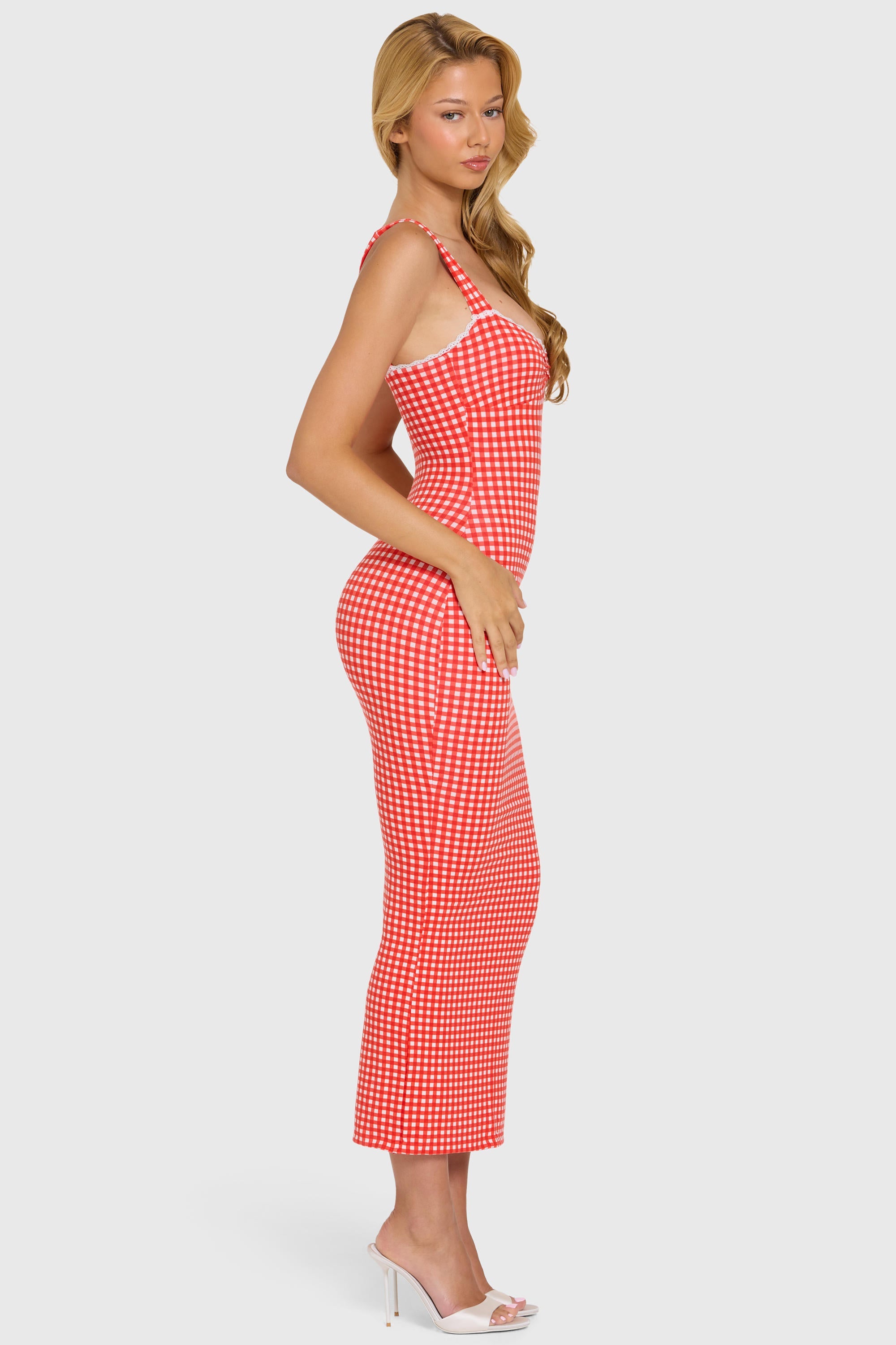 Modal Lace-Trim Midaxi Dress in Red Gingham