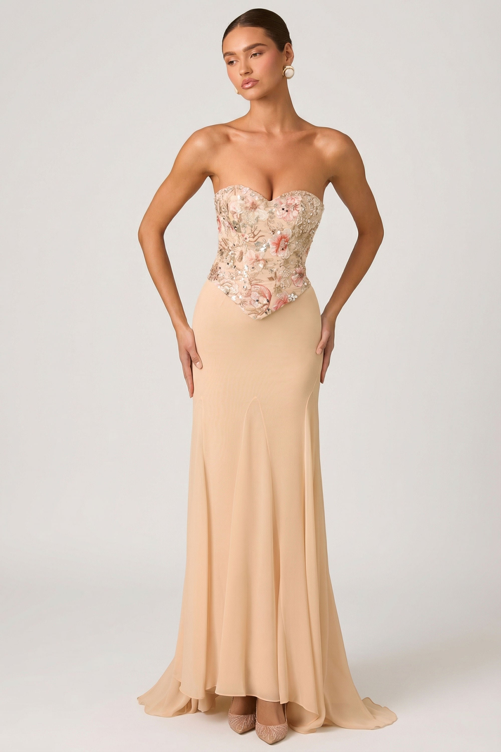 Embellished Corset Fishtail Gown in Floral Beige