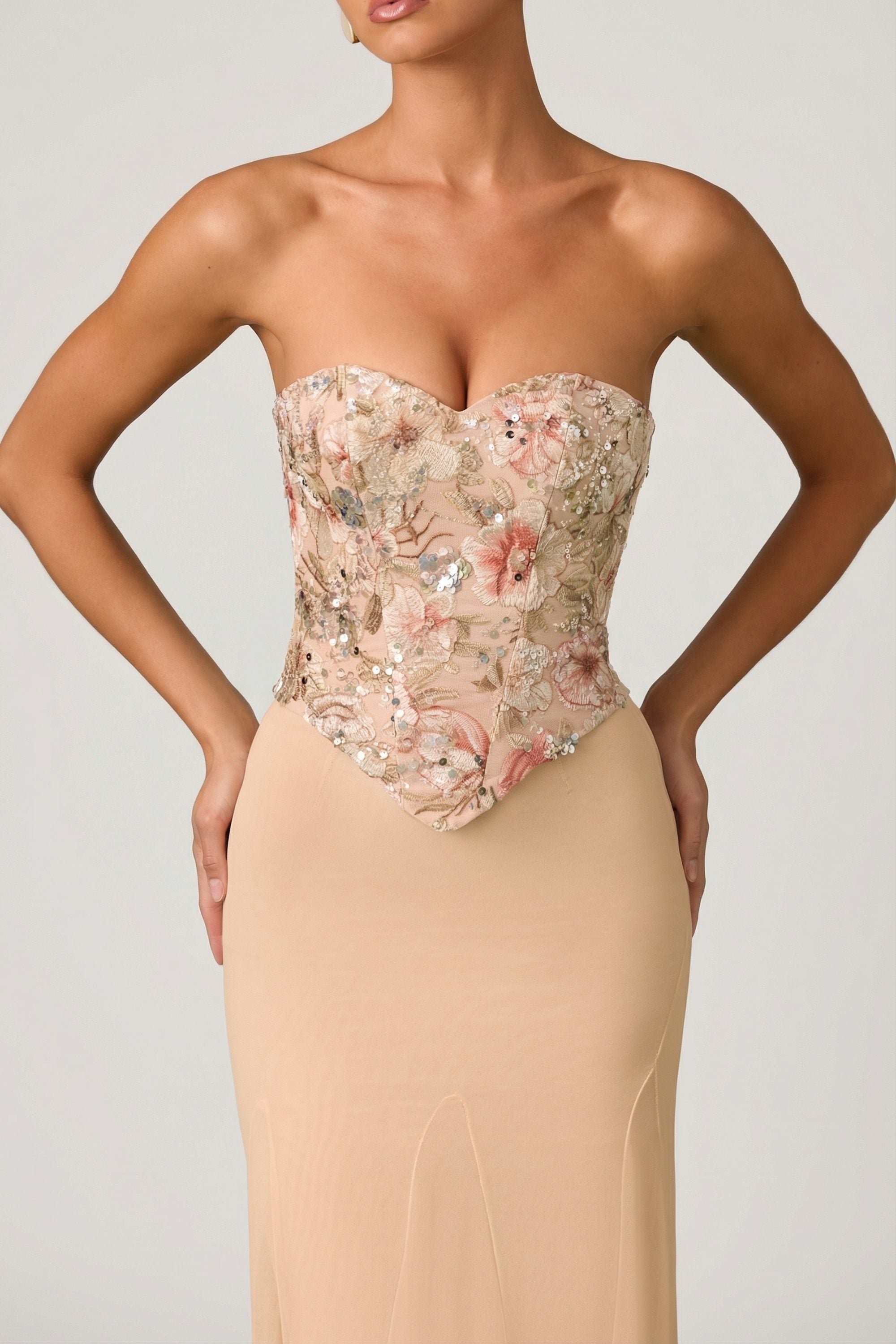 Embellished Corset Fishtail Gown in Floral Beige