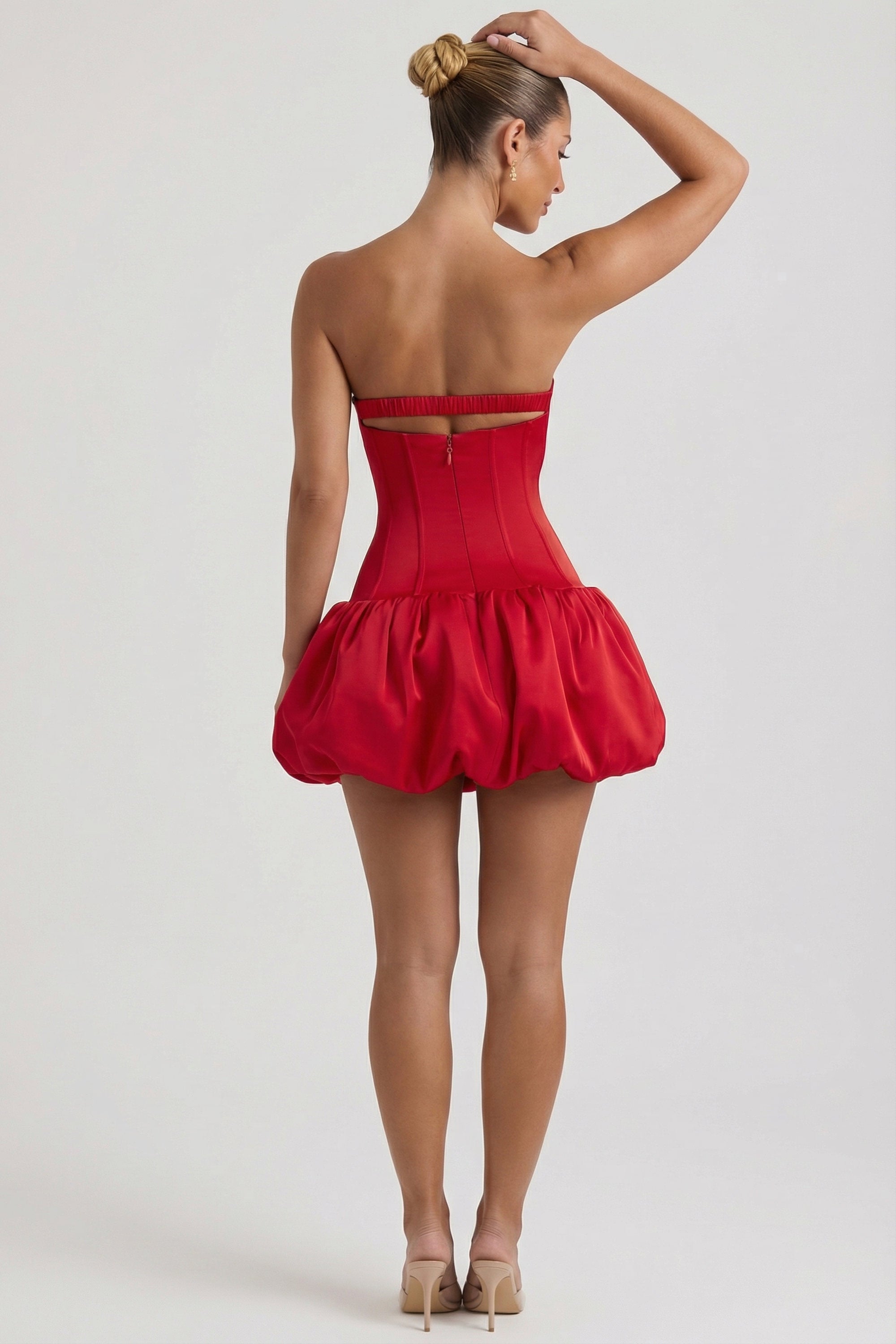 Cut-Out Bubble Hem Corset Mini Dress in Red