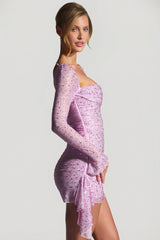 Embellished Draped Cowl-Neck Mini Dress in Peony Pink