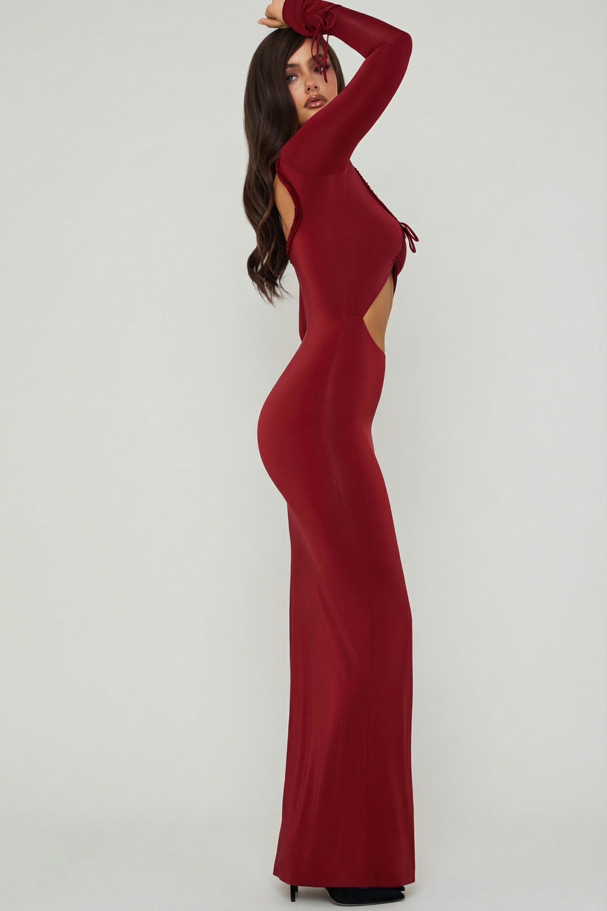 Ruffle-Trim Cut-Out Maxi Dress in Berry Red