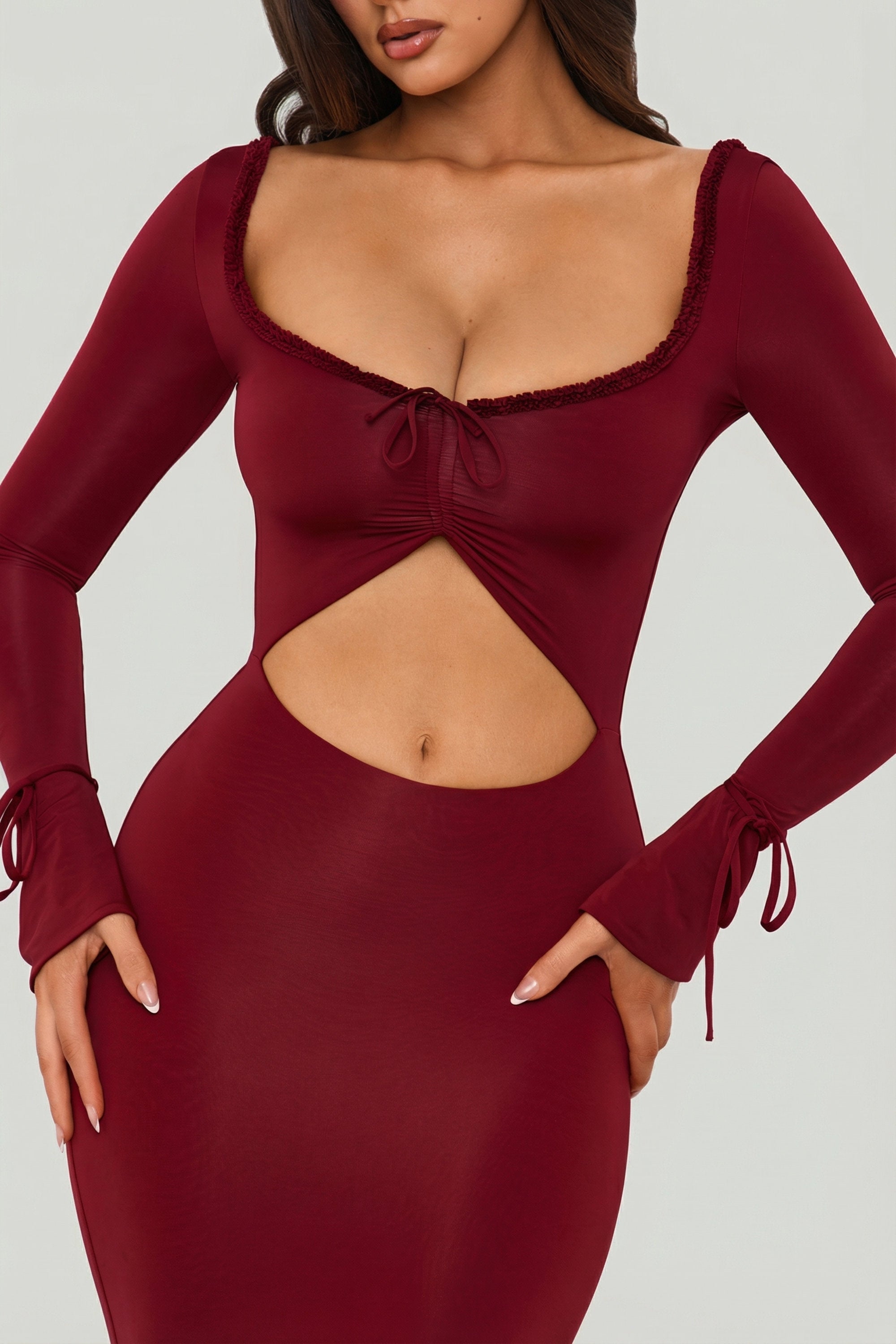 Ruffle-Trim Cut-Out Maxi Dress in Berry Red