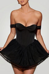 Off-Shoulder Layered Corset Micro Mini Dress in Black