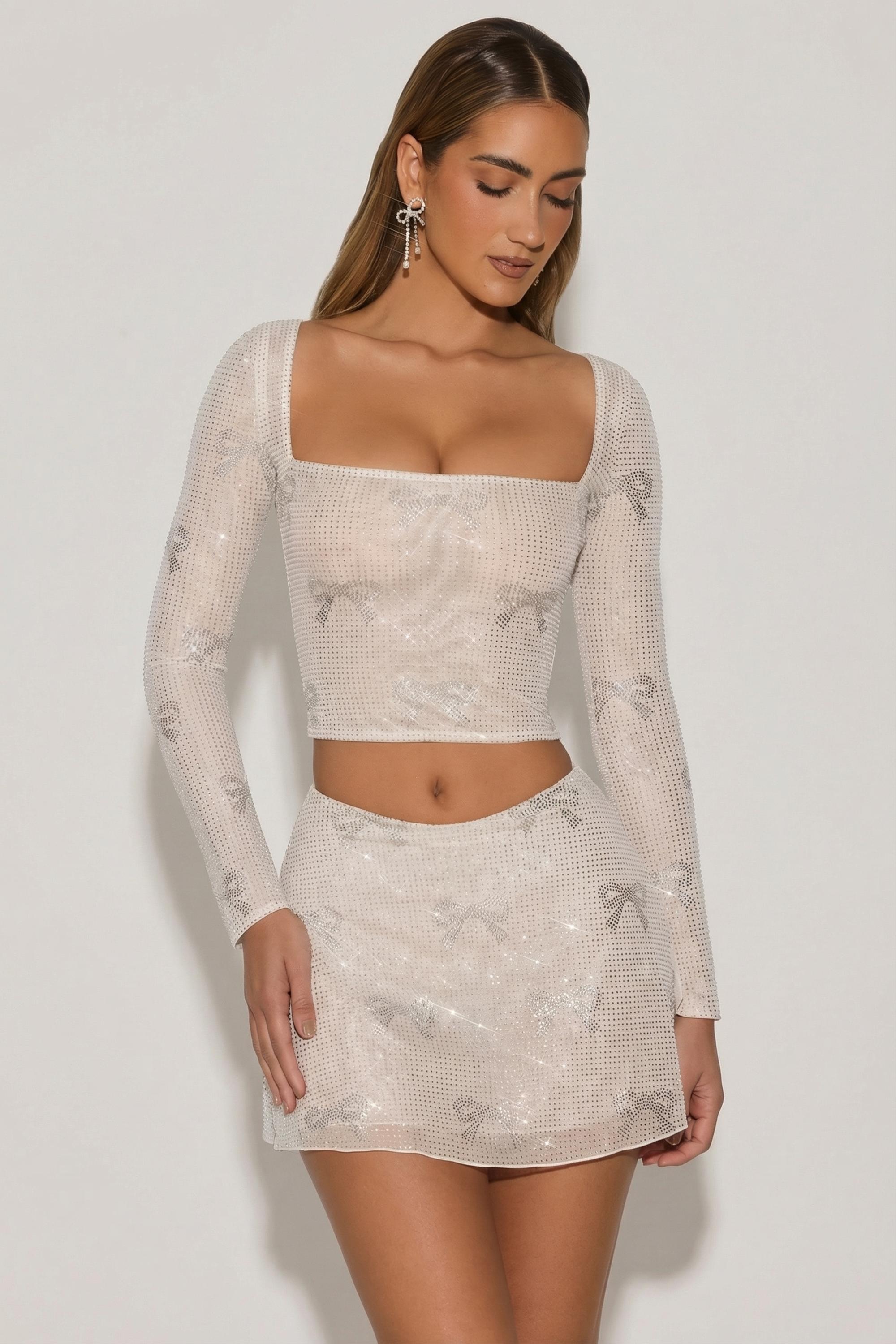 Embellished Bow-Detail Top in Ivory