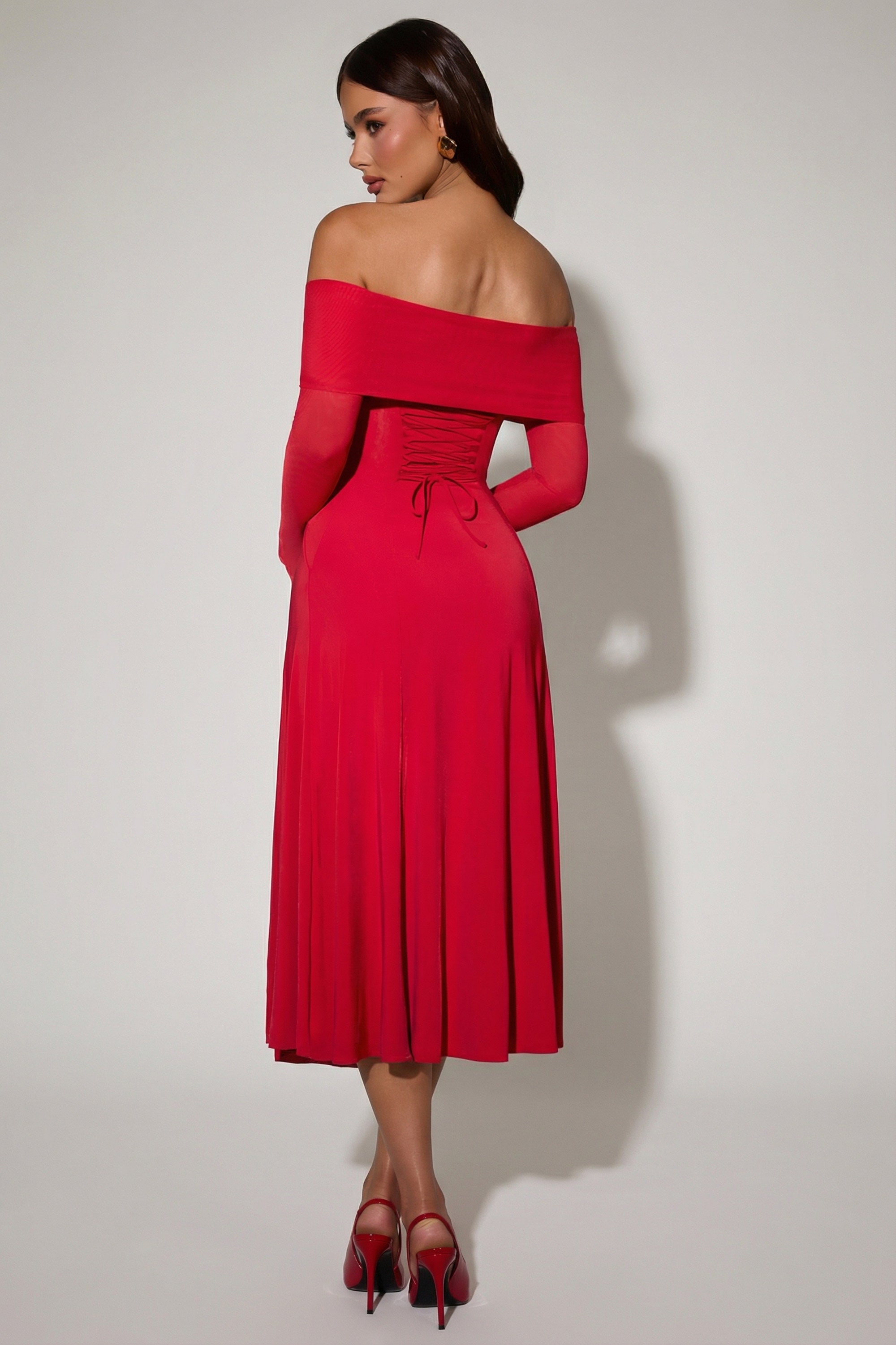 Off-Shoulder Lace-Up A-Line Midaxi Dress in Red