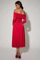 Off-Shoulder Lace-Up A-Line Midaxi Dress in Red