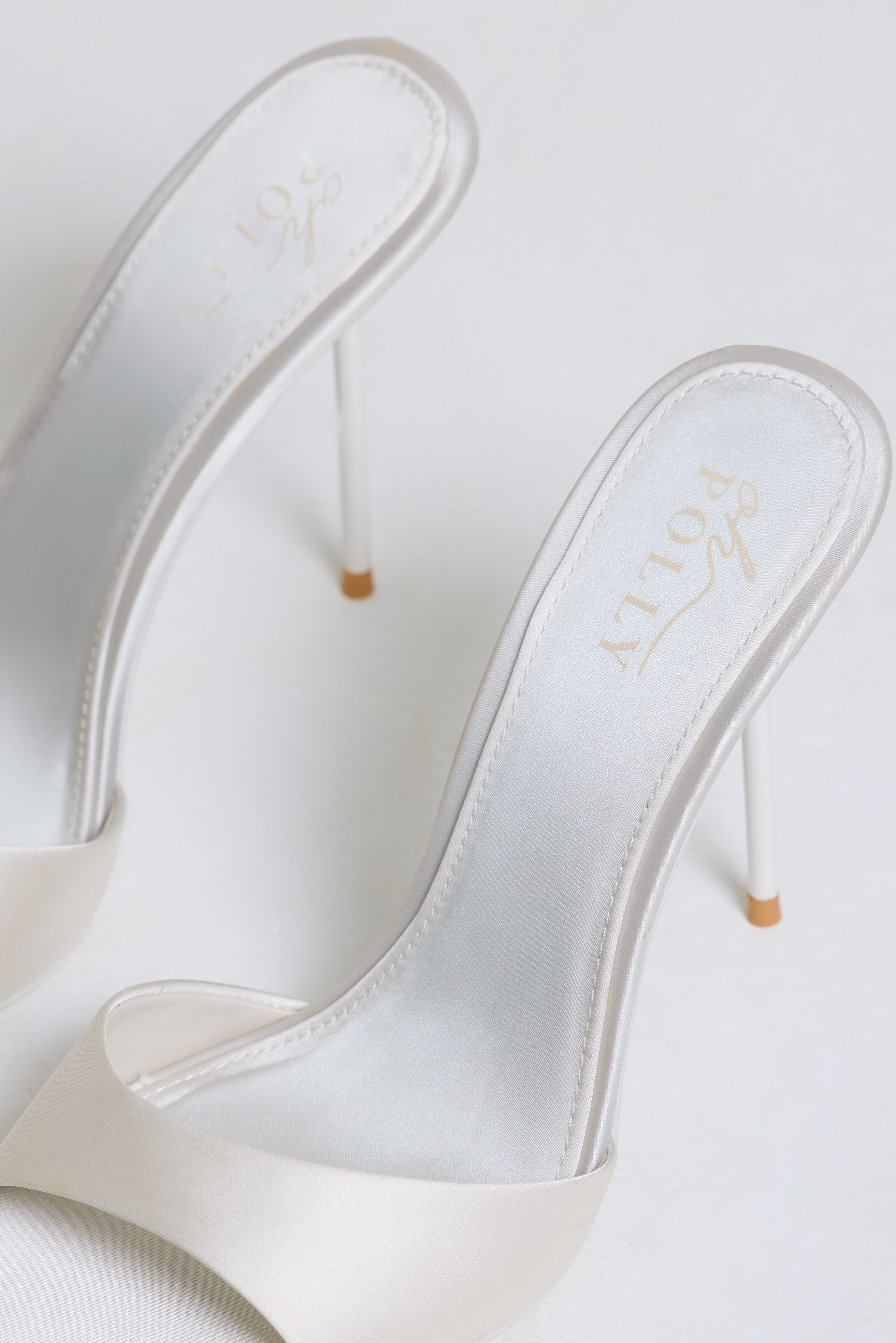 Satin Heeled Mule Sandal in Pearl White