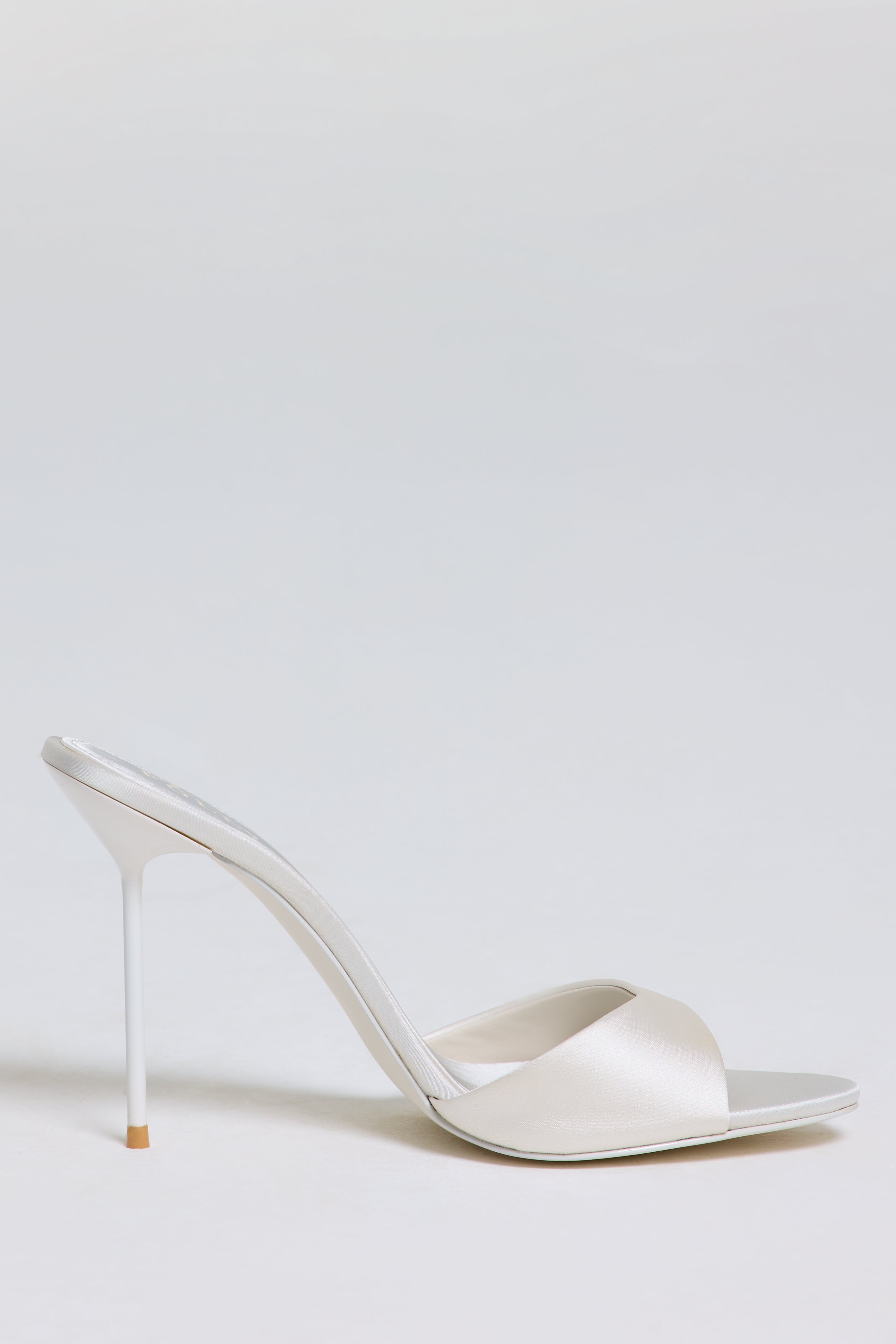 Satin Heeled Mule Sandal in Pearl White