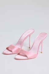 Satin Heeled Mule Sandal in Soft Pink