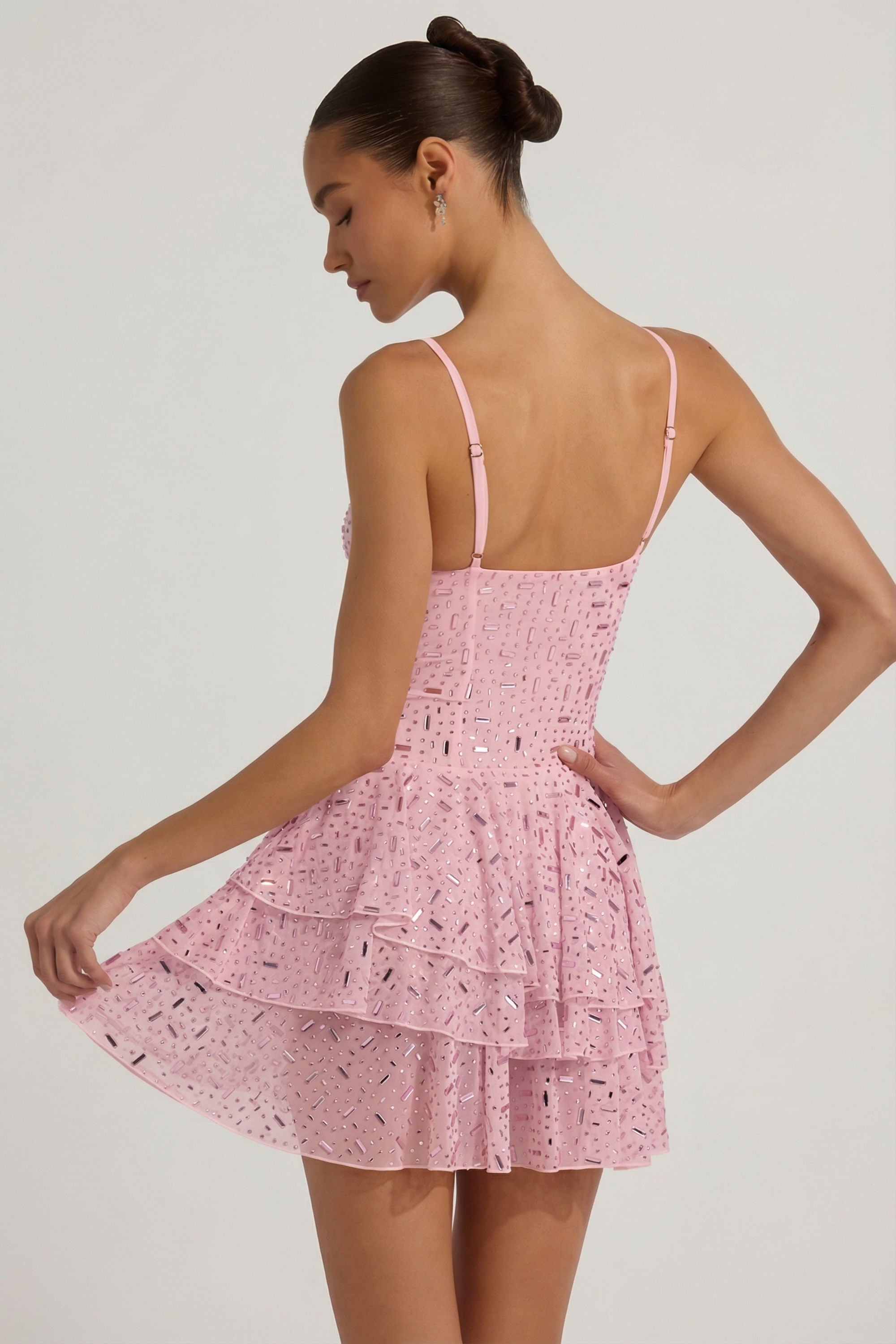 Embellished Ruffled Tiered Mini Dress in Pink
