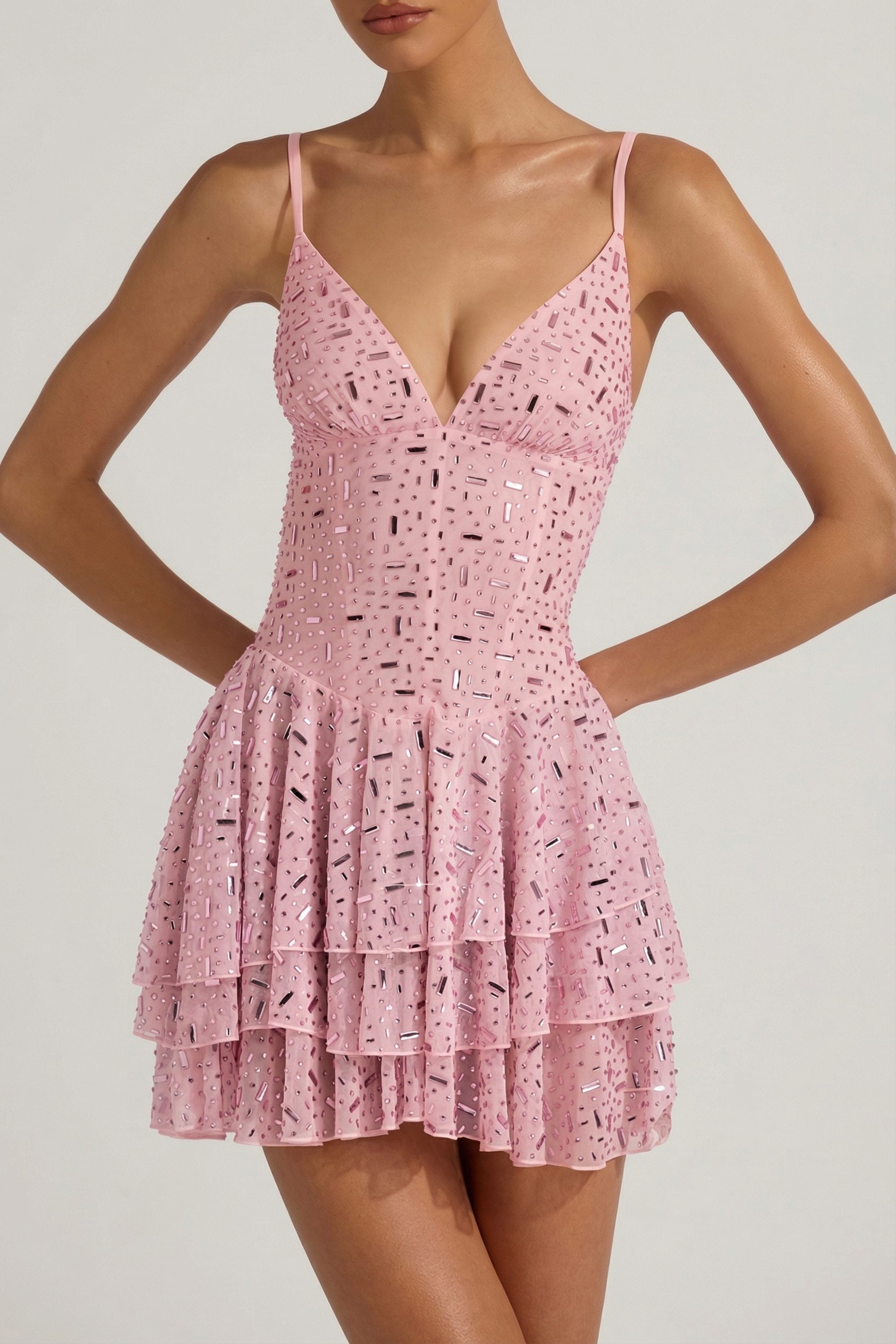Embellished Ruffled Tiered Mini Dress in Pink