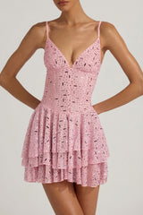 Embellished Ruffled Tiered Mini Dress in Pink