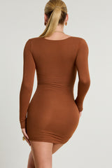 Long Sleeve Ruched Modal Cashmere Blend Mini Dress in Chestnut Brown