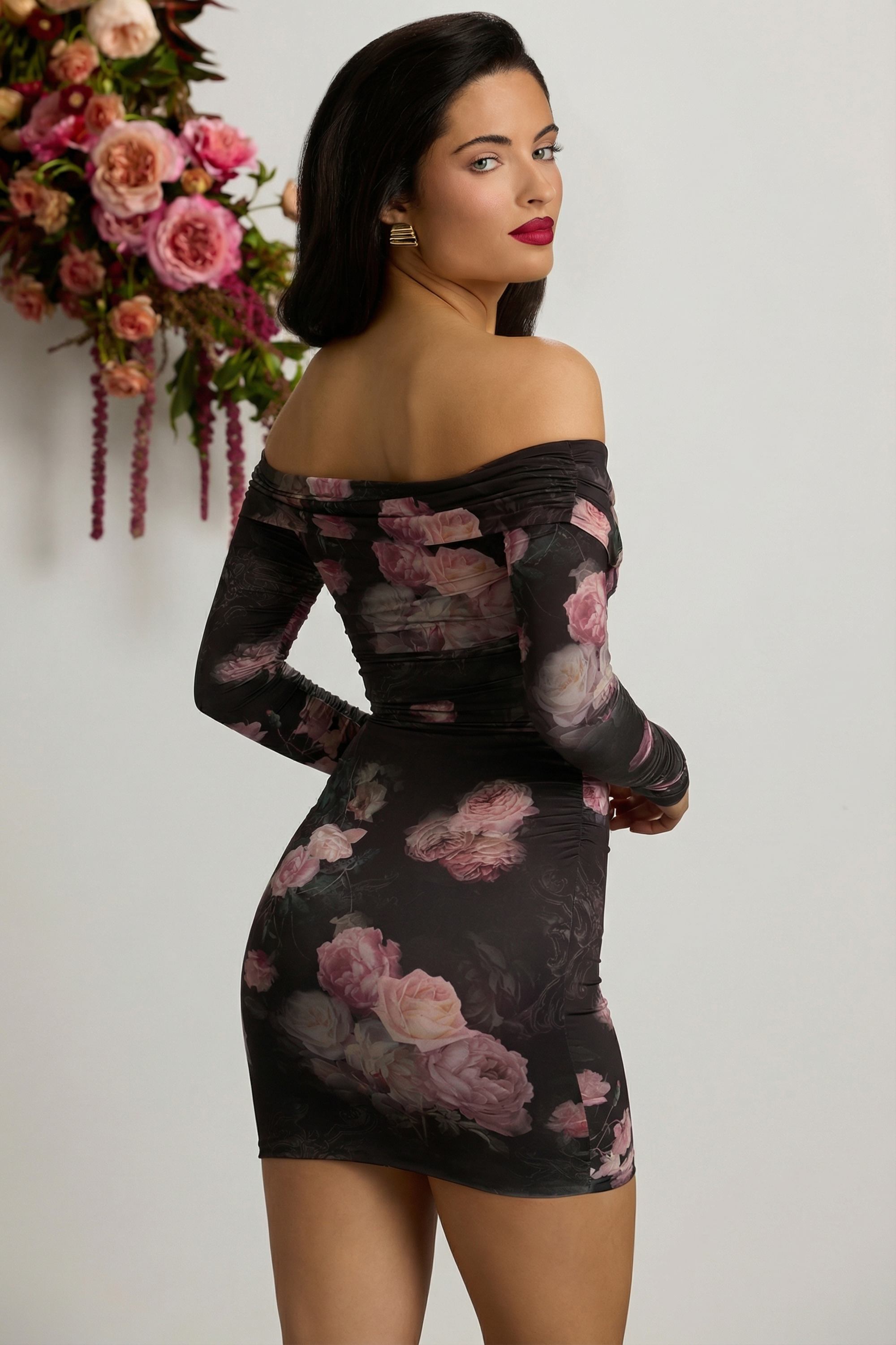 Off-Shoulder Ruched Bodycon Mini Dress in Black Floral Print