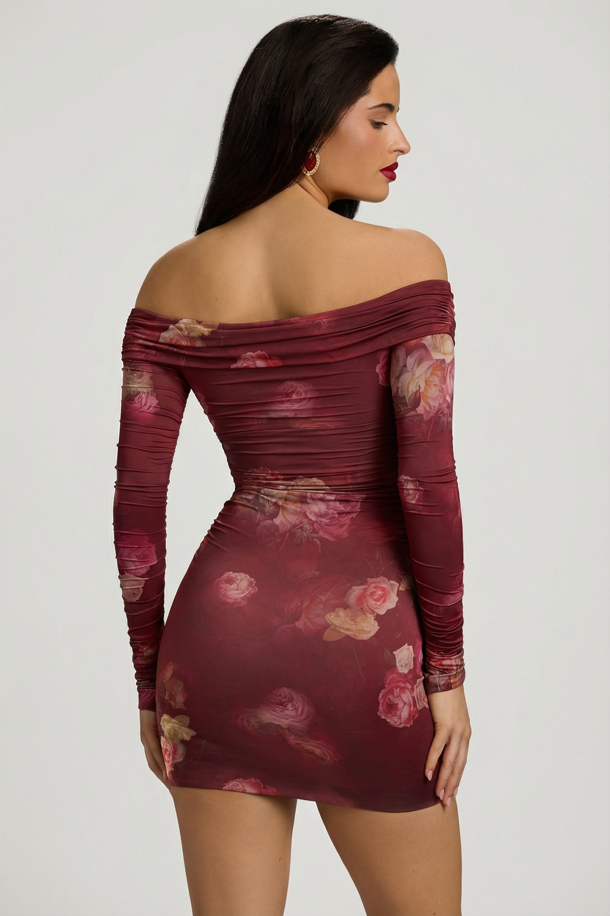 Off-Shoulder Ruched Bodycon Mini Dress in Maroon Floral Print