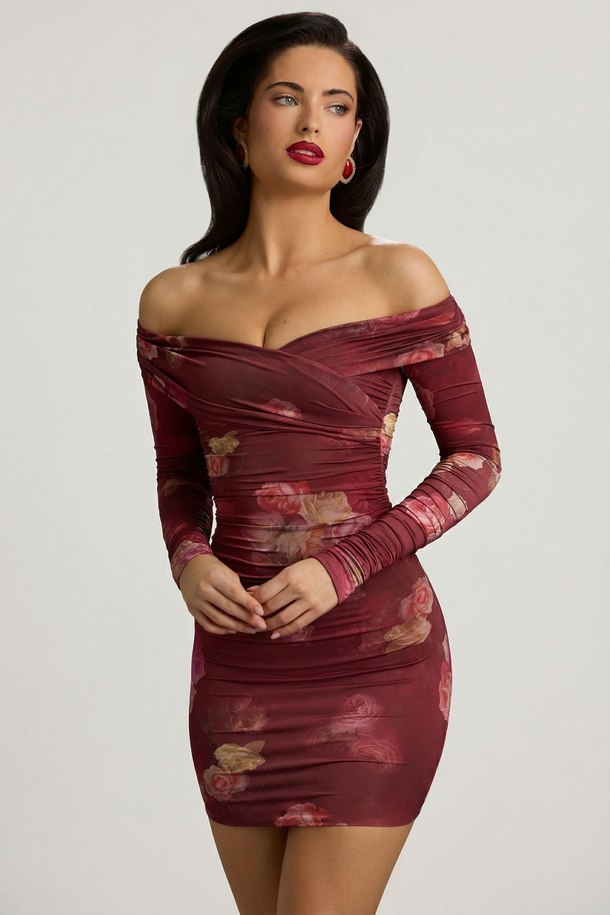 Off-Shoulder Ruched Bodycon Mini Dress in Maroon Floral Print