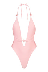 Halterneck Thong Swimsuit in Baby Pink