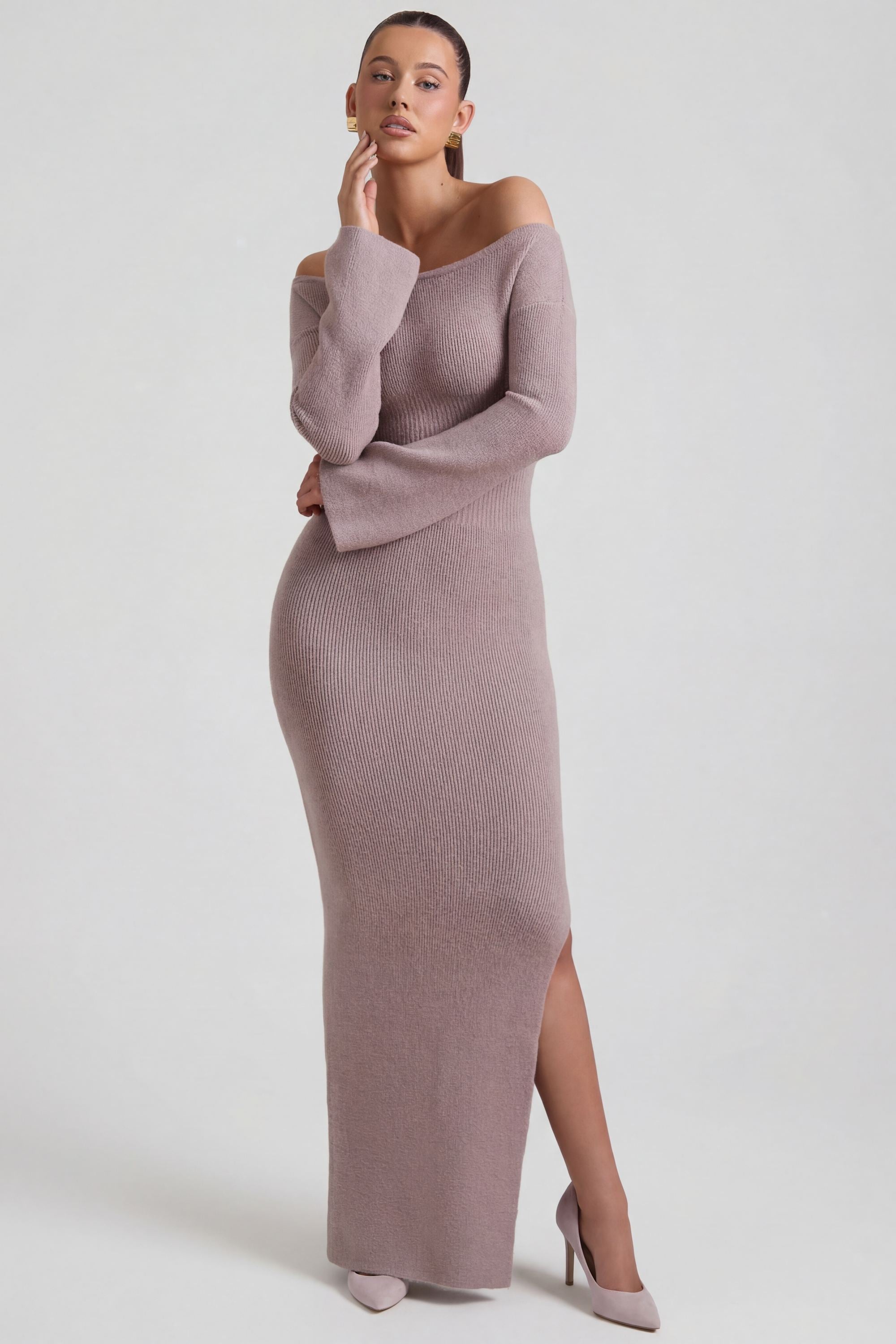 Ribbed-Knit Off-Shoulder Maxi Dress in Taupe