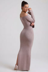 Ribbed-Knit Off-Shoulder Maxi Dress in Taupe