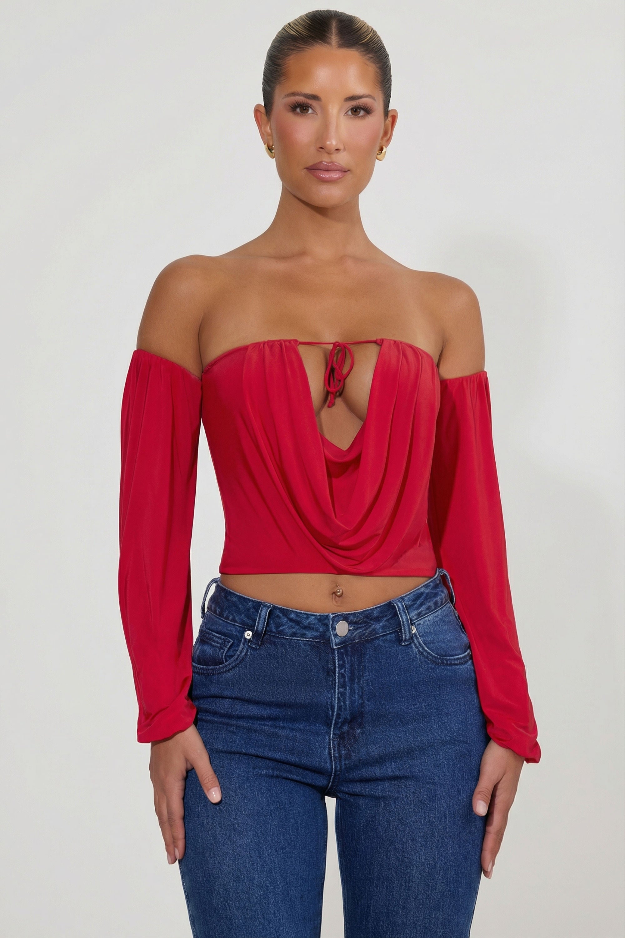 Off-Shoulder Draped Balloon-Sleeve Top in Red