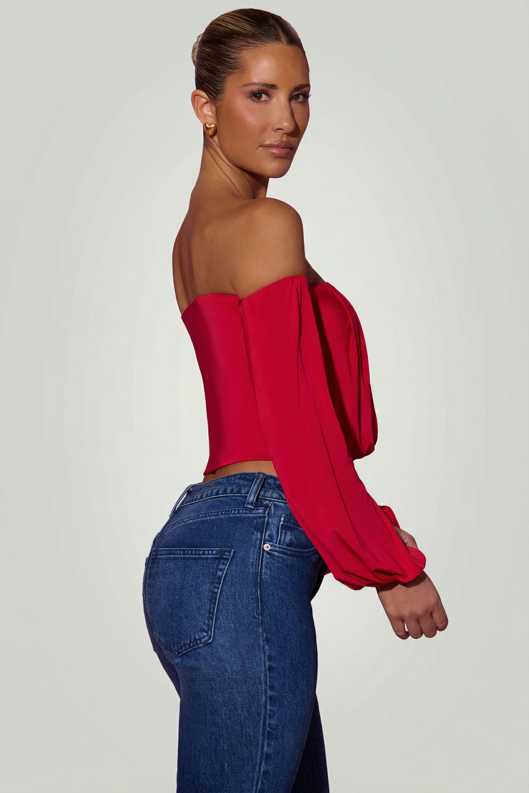 Off-Shoulder Draped Balloon-Sleeve Top in Red