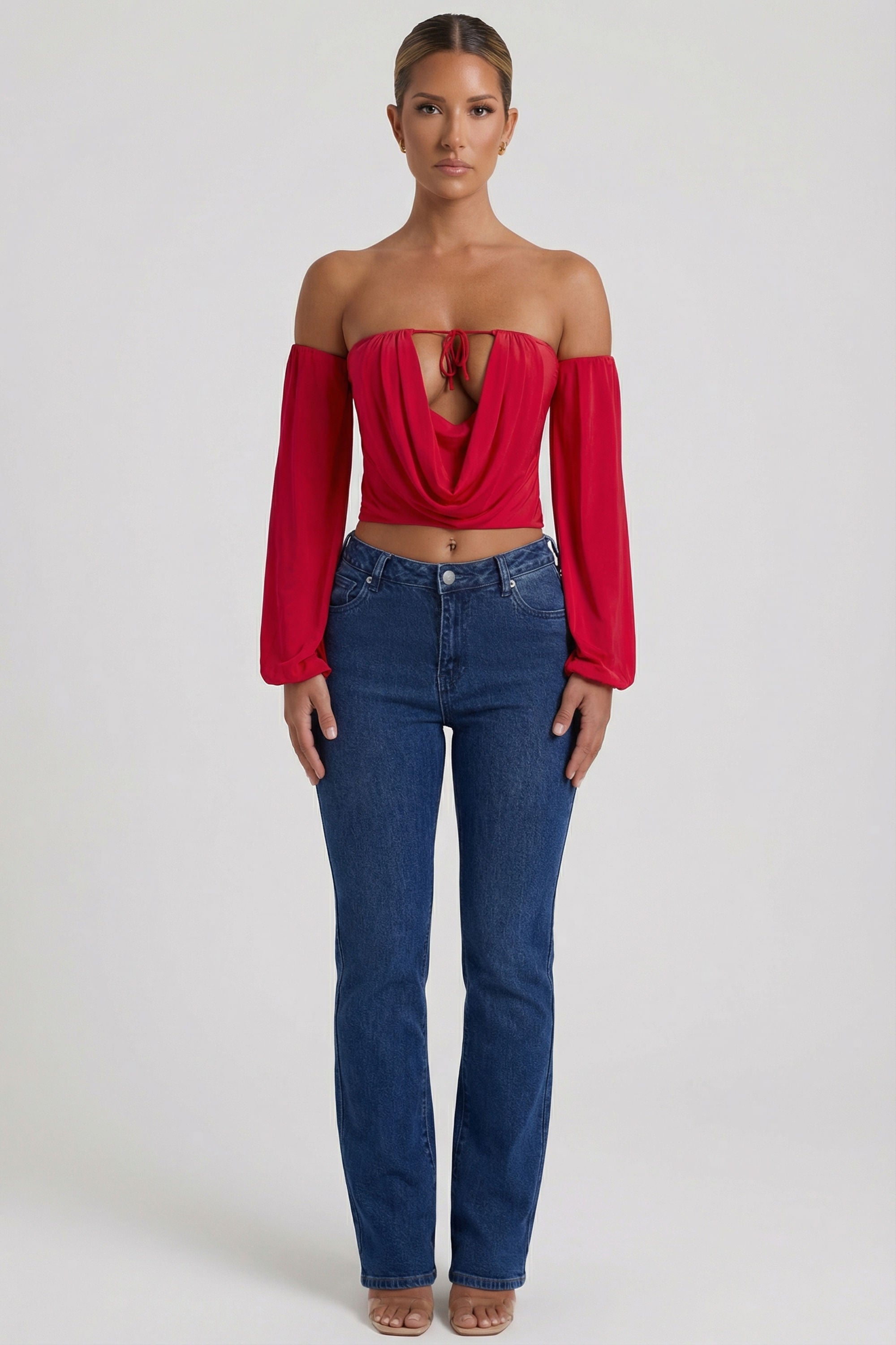 Off-Shoulder Draped Balloon-Sleeve Top in Red