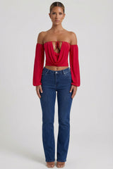 Off-Shoulder Draped Balloon-Sleeve Top in Red