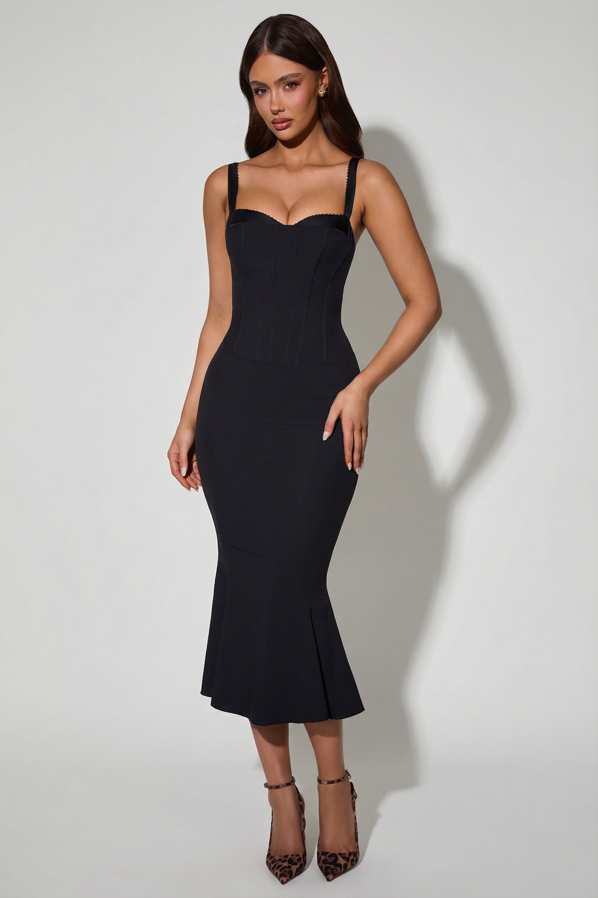 Layered Bra-Detail Fishtail Midaxi Dress in Black