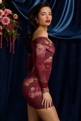 Off-Shoulder Ruched Bodycon Mini Dress in Maroon Floral Print