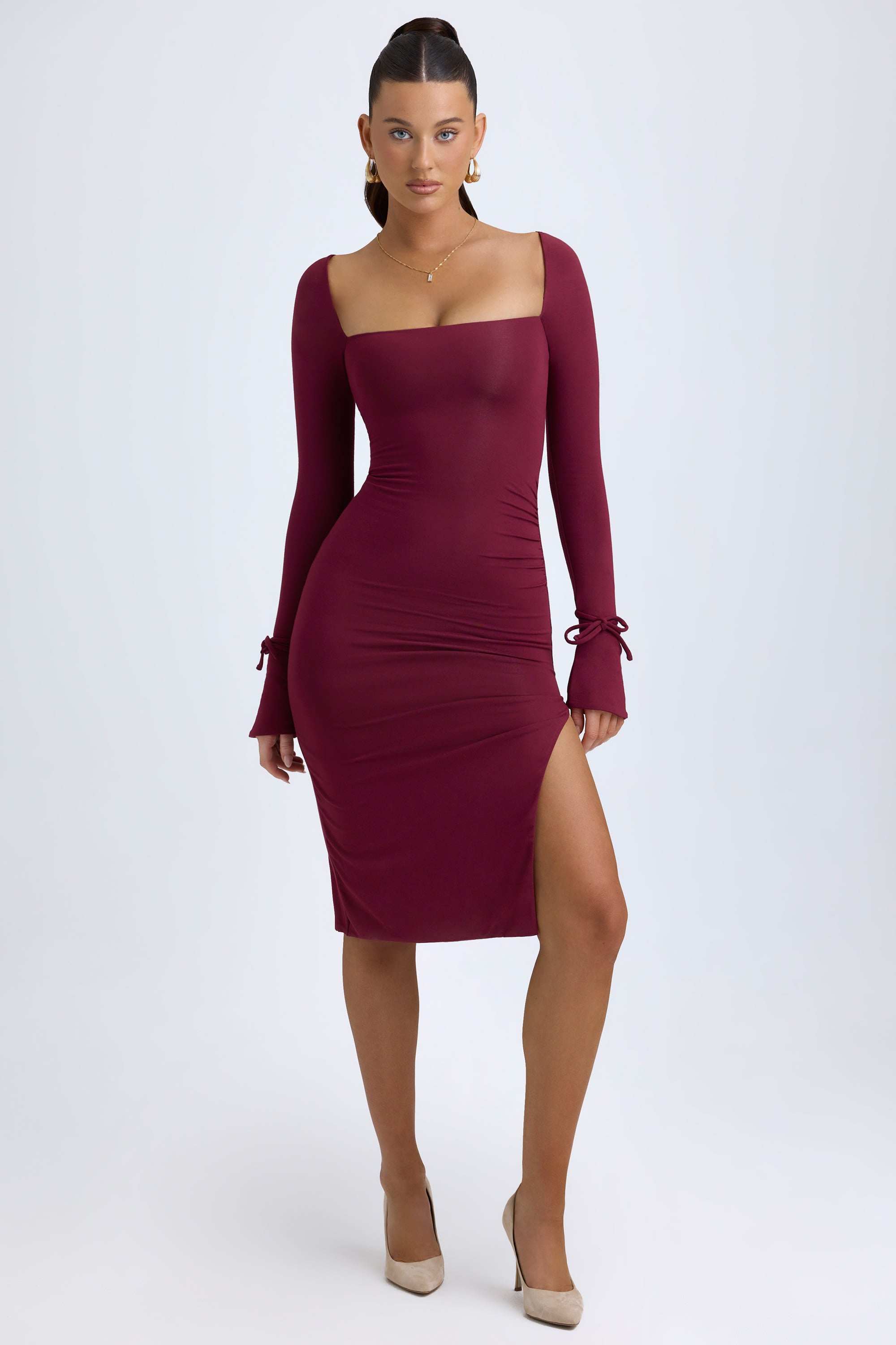 Modal Square-Neck Long-Sleeve Midi Dress in Wine Red